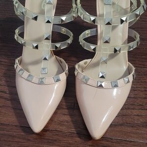 Mix No. 6 Nude Patent Studded T-Strap Pointed Pumps